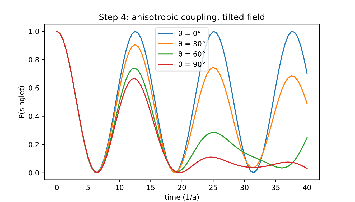 Singlet probability at four field angles, anisotropic coupling